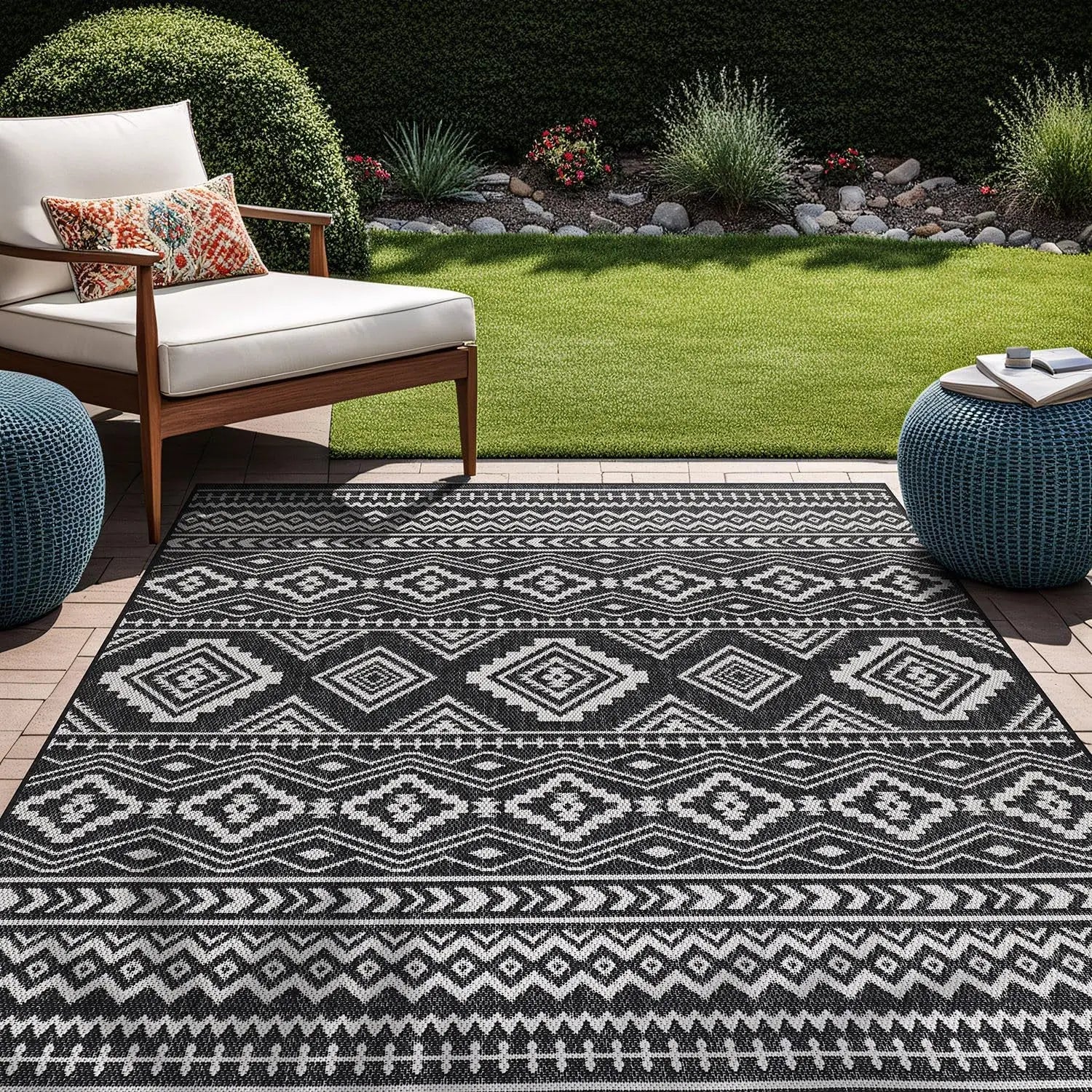 Waikiki Boho 5x7 Indoor Outdoor Washable Carpet for Patio, Deck, and Porch - Bohemian Area Rug with Aztec Tribal Design in Black and White