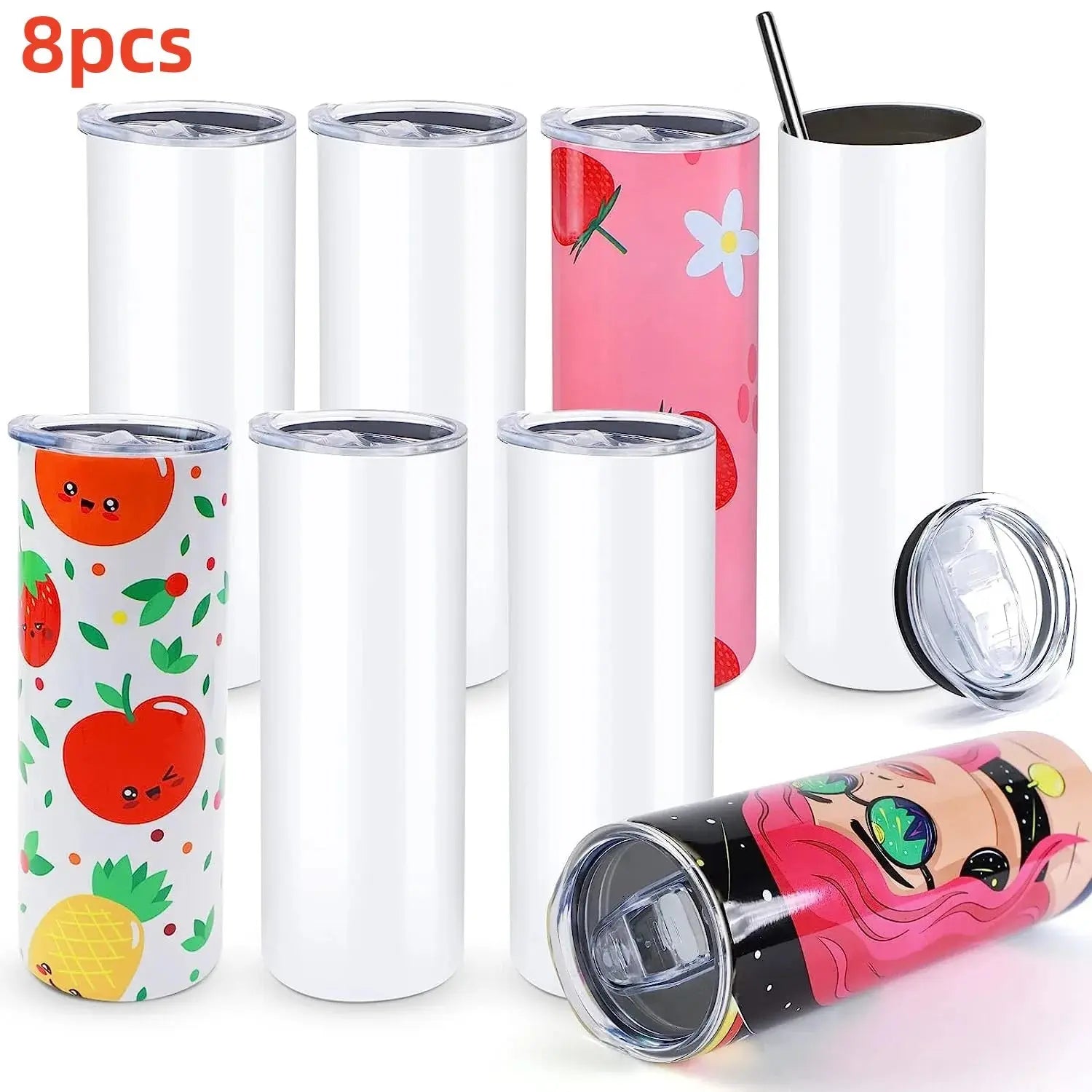 HTVRONT 8-Piece Stainless Steel 20 oz Sublimation Tumblers - Skinny Straight DIY Blank Mugs with Sublimation Papers