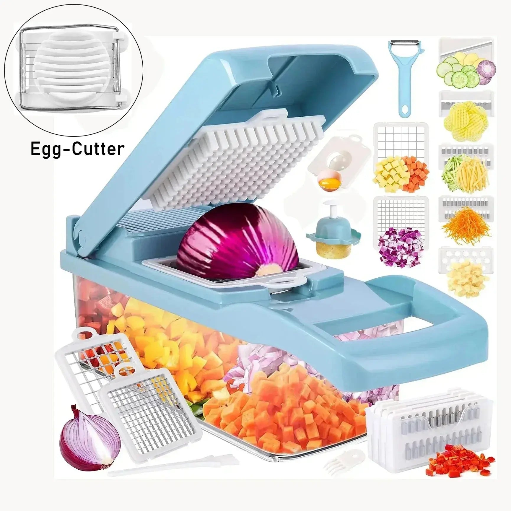 12-in-1 Manual Vegetable Cutter and Food Chopper with Container - Multifunctional Kitchen Gadget for Slicing and Shredding Potatoes and Vegetables