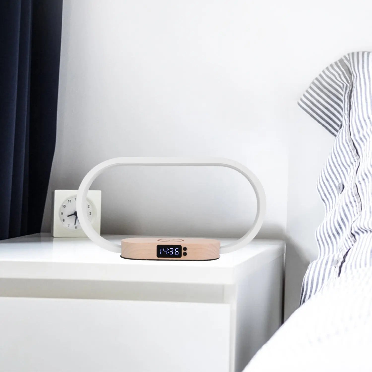 Touch Control Bedside Table Lamp with Clock and Wireless Charging - Dimmable LED Desk Lamp for Nightstand and Reading