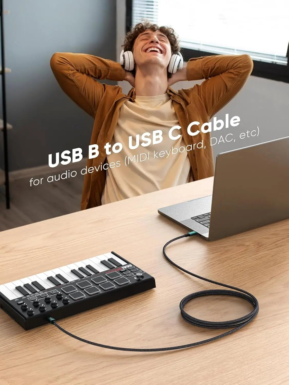 6.6 FT USB B to C Printer and MIDI Cable, Nylon Braided Cord for MacBook Pro/Air, Type C to Type B Compatible with Yamaha Piano, MIDI Keyboard, DJ Controller, DAC - Green