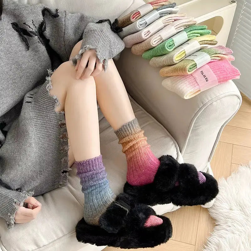 Gradient Wool Mid-Calf Socks for Autumn and Winter - Thickened Warm Rainbow-Colored Floor Socks