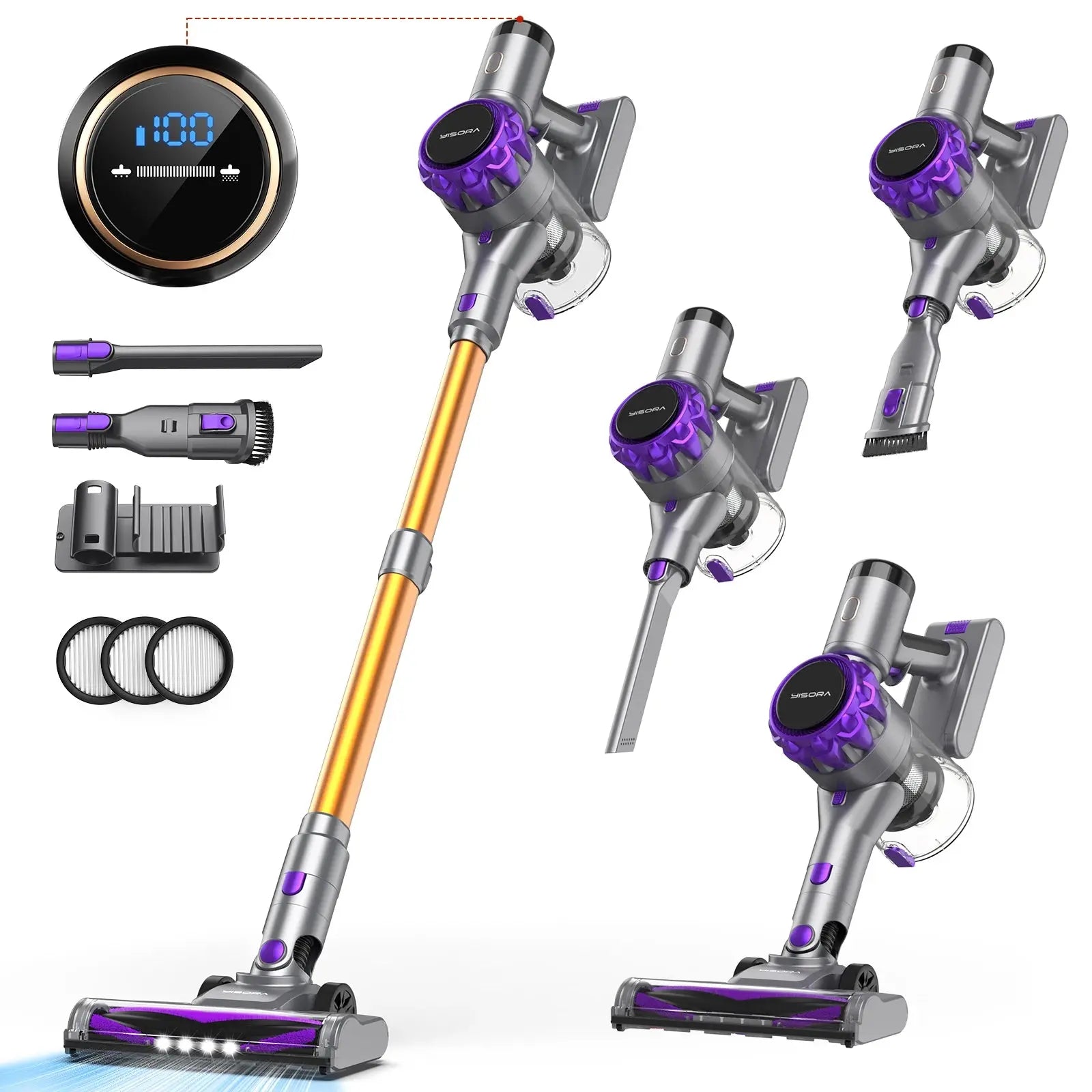 YISORA Cordless Vacuum Cleaner - 30Kpa Suction Power, 55 Minutes Runtime, Touchscreen Control, Ideal for Pet Hair and Carpets