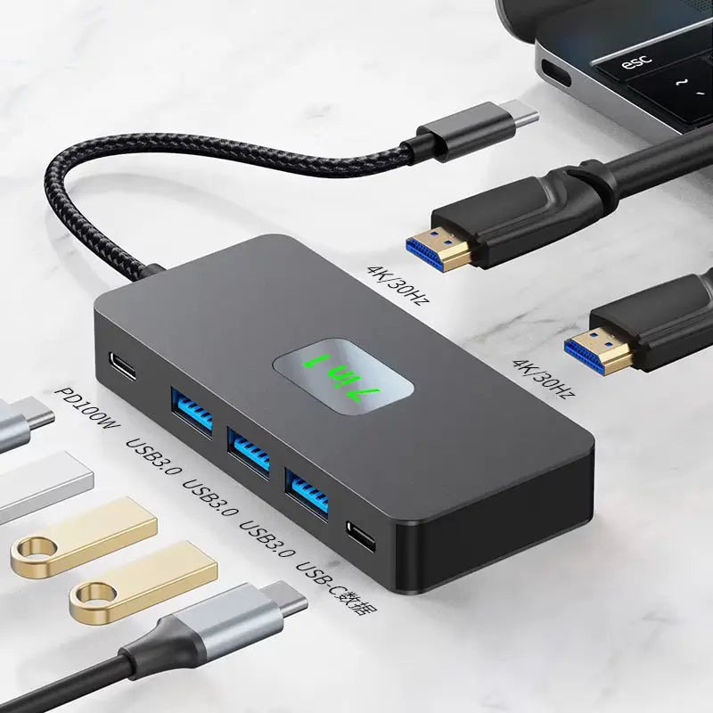 USB C 3.0 Hub with Multi 4K HDMI, RJ45 Ethernet, VGA, and PD Power Adapter Docking Station for Laptops