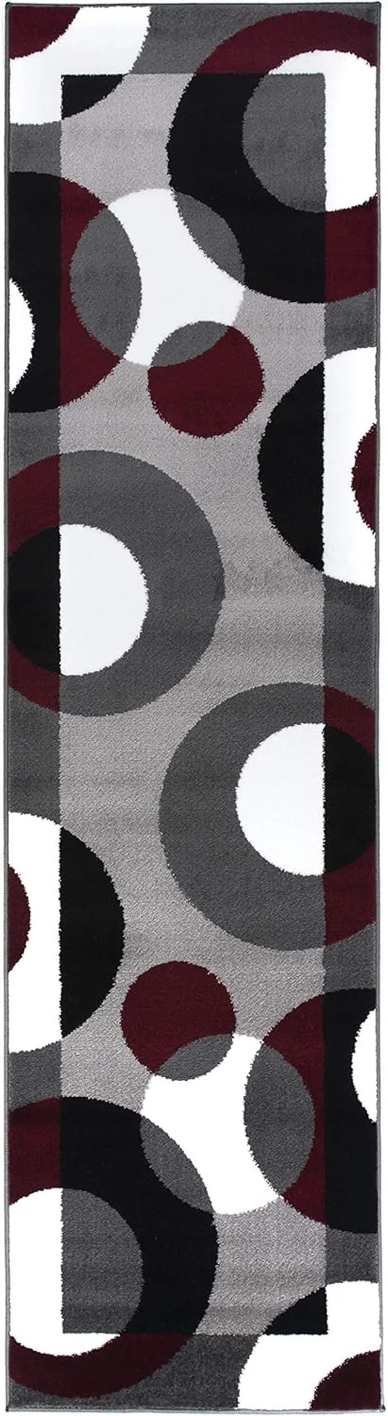 Contemporary Circles Area Rug - Low Maintenance Soft Runner for Home Office, Living Room, Bedroom, and Kitchen - 2' x 7'2" - Burgundy