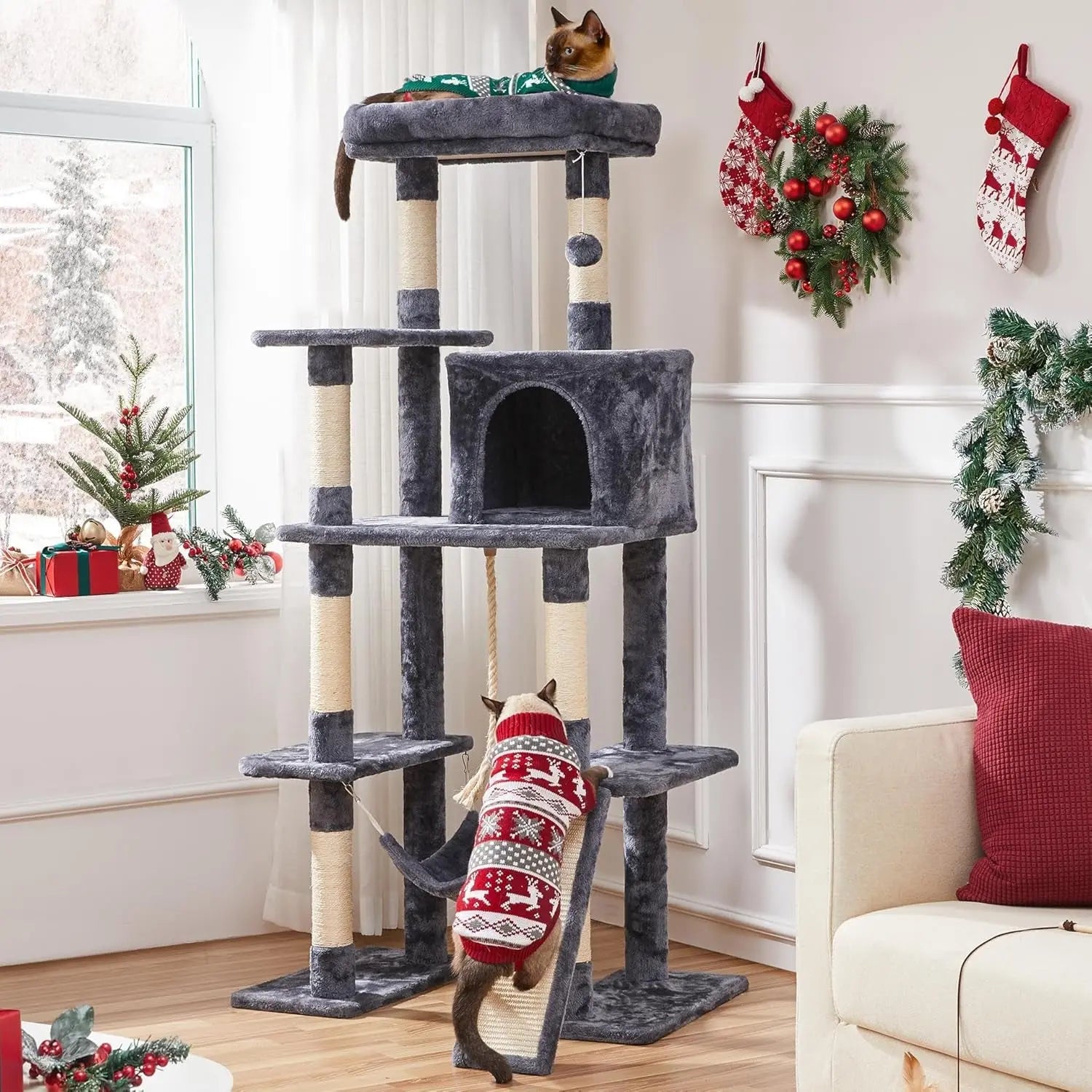 63-Inch Multi-Level Cat Tree with Sisal Scratching Posts, Condo, Hammock, Hanging Toy, and Extended Platform for Play and Rest
