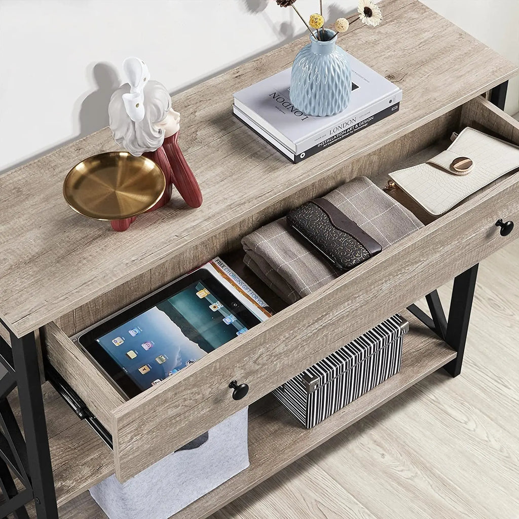 Gray Console Table with Drawer and 3-Tier Storage Shelves, Narrow Metal Frame Entryway Table for Living Room, Hallway, and Kitchen