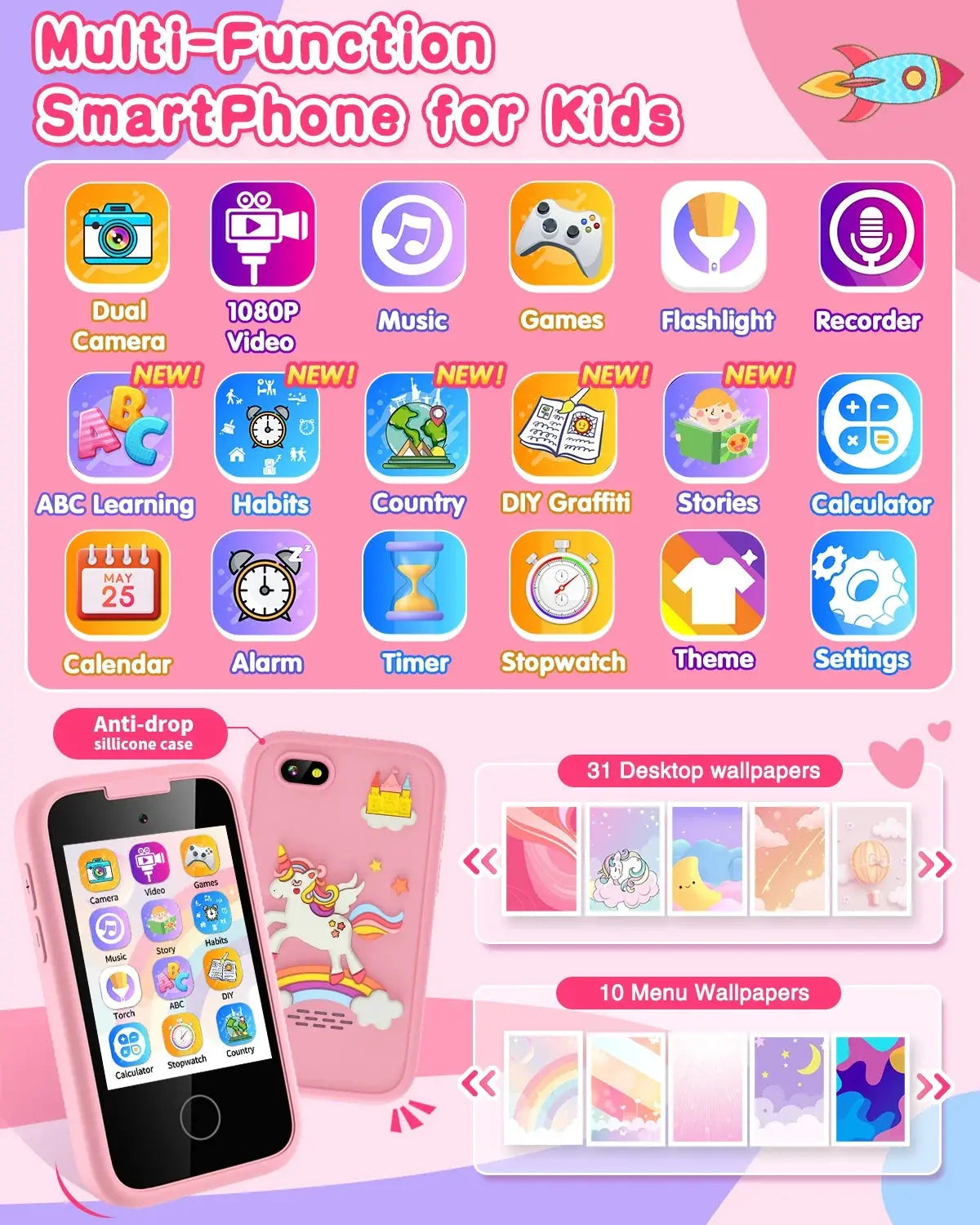 Kids Smart Phone for Girls - Touchscreen Device with Dual Camera, Music, Games, and Learning Features - Ideal Gift for Ages 6-8, Includes 8G SD Card, Perfect for Christmas and Birthdays