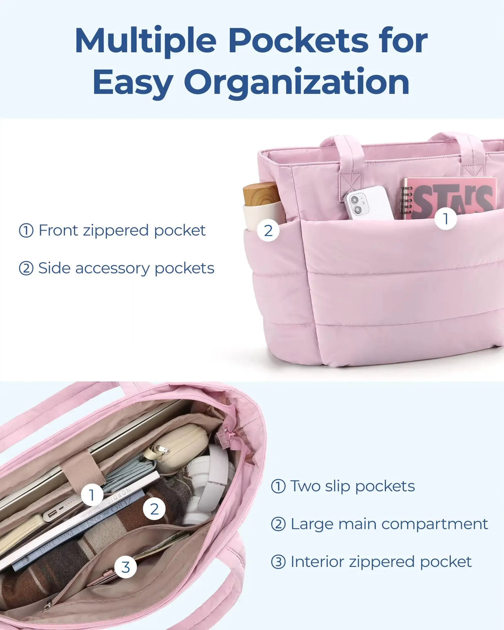 Women's Solid Color Tote Bag - Padded Shoulder Bag for Commuting, College, and Travel