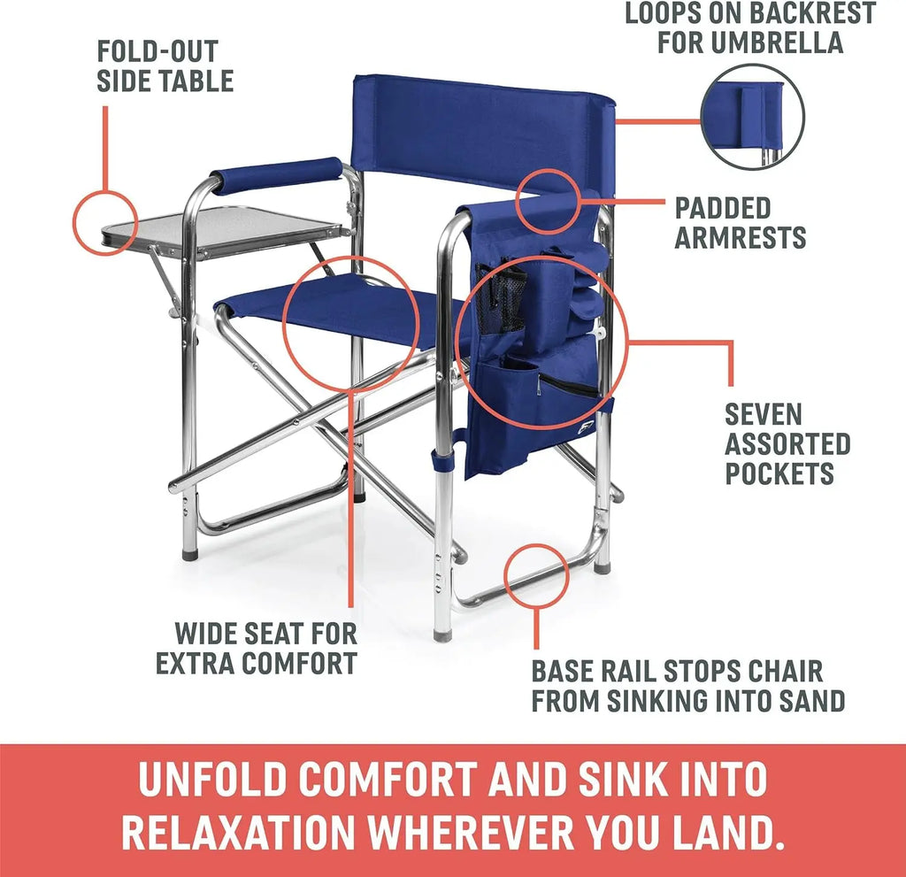 Sports Chair with Side Table - Foldable Padded Outdoor Camping Chair for Adults, 300-Lbs Capacity, Ideal for Lawn, Beach, and Sports Activities (Red)