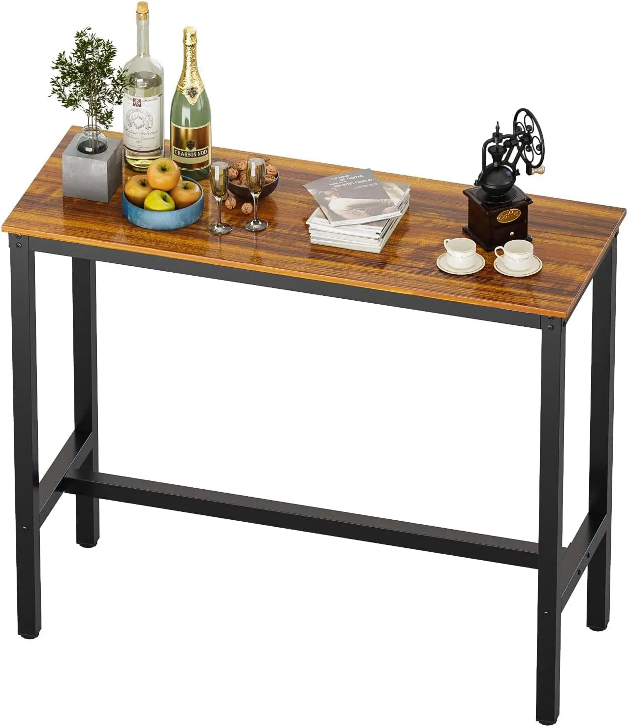 Rectangular Bar Height Pub Table with Sturdy Metal Frame, 47.24" Teak High Top Table for Kitchen, Dining, and Living Room