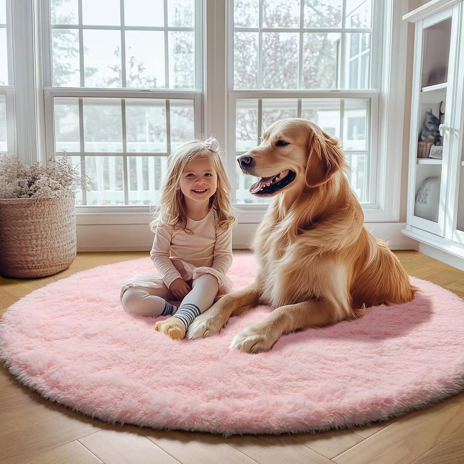 Light Pink Round Area Rug - 2ft Soft Plush Shaggy Carpet for Bedroom, Living Room, and Nursery - Washable Fluffy Mat for Kids and Pets - Aesthetic Home Decor