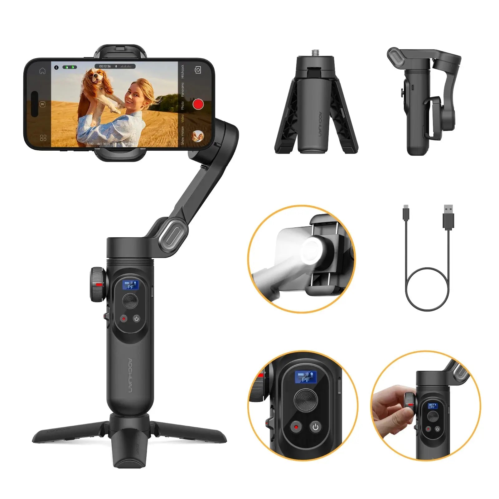3-Axis Smartphone Gimbal Stabilizer with OLED Screen and LED Lights for Android and iPhone - Model Xproblack