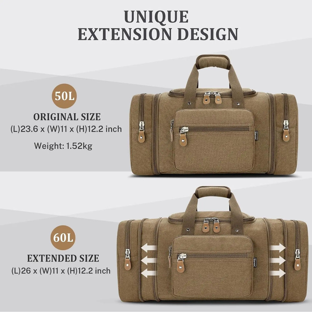 60L Canvas Duffle Bag for Travel - Overnight and Weekend Use (Coffee)