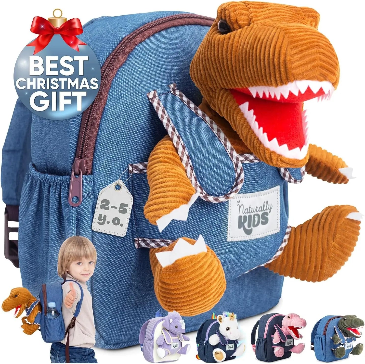 Dinosaur-Themed Toddler Backpack for Ages 3-5 with Detachable Toy, Multiple Pockets, and Reflective Logo Patch