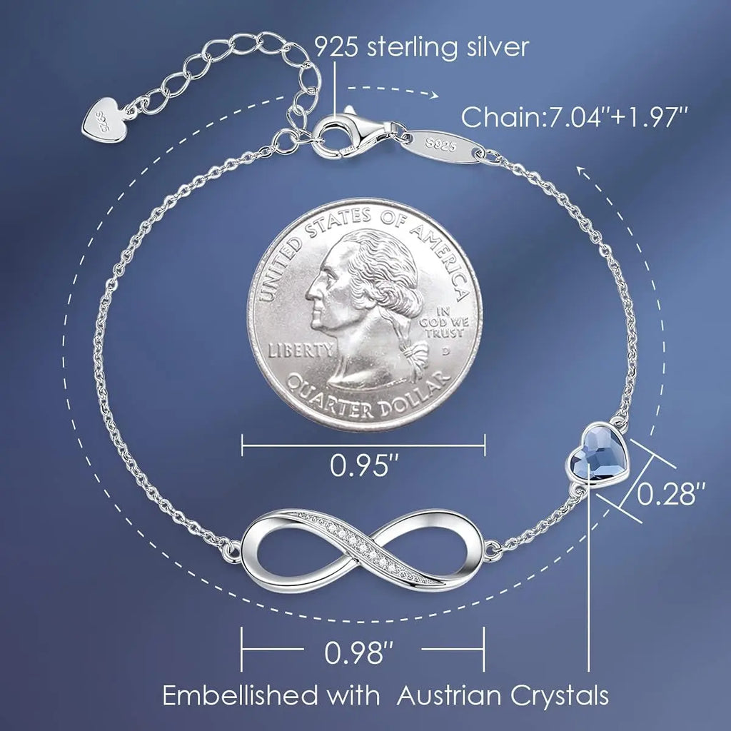 Infinity Heart Birthstone Charm Link Bracelet for Women in 925 Sterling Silver - Adjustable Gift for Mother's Day, Christmas, Anniversaries, and Birthdays for Wife or Girlfriend