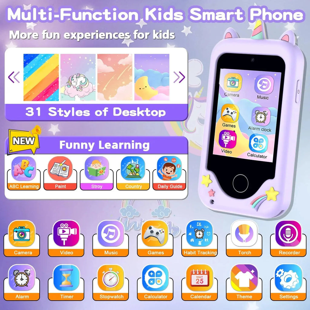 Girls' Smart Phone with Unicorn Design - Dual Camera, Music, Games, and Stories - Touchscreen Learning Toy for Ages 6-8 - Ideal Christmas and Birthday Gift for 3-7 Year Olds with 8GB SD Card