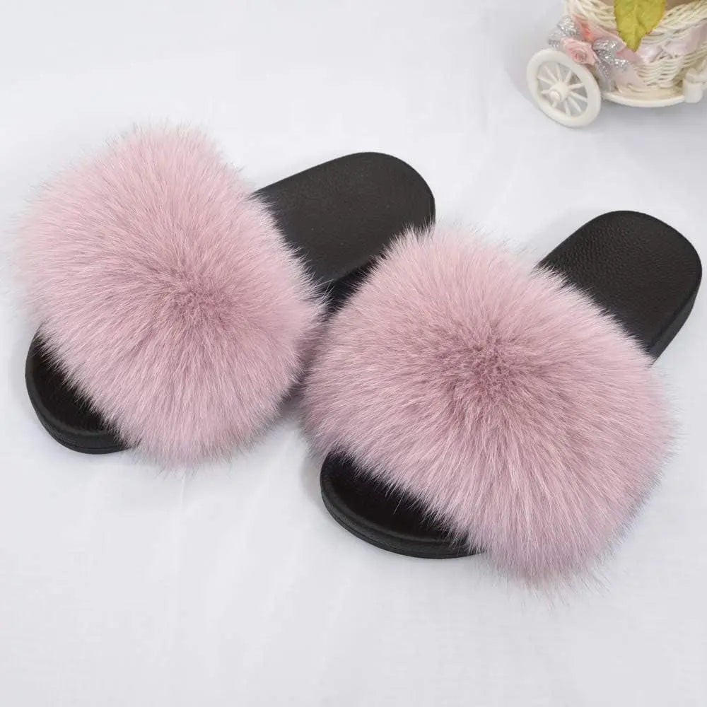 Jancoco Women's Max Real Fox Fur Slides - Luxurious Open Toe Flat Sandals for Outdoor Use