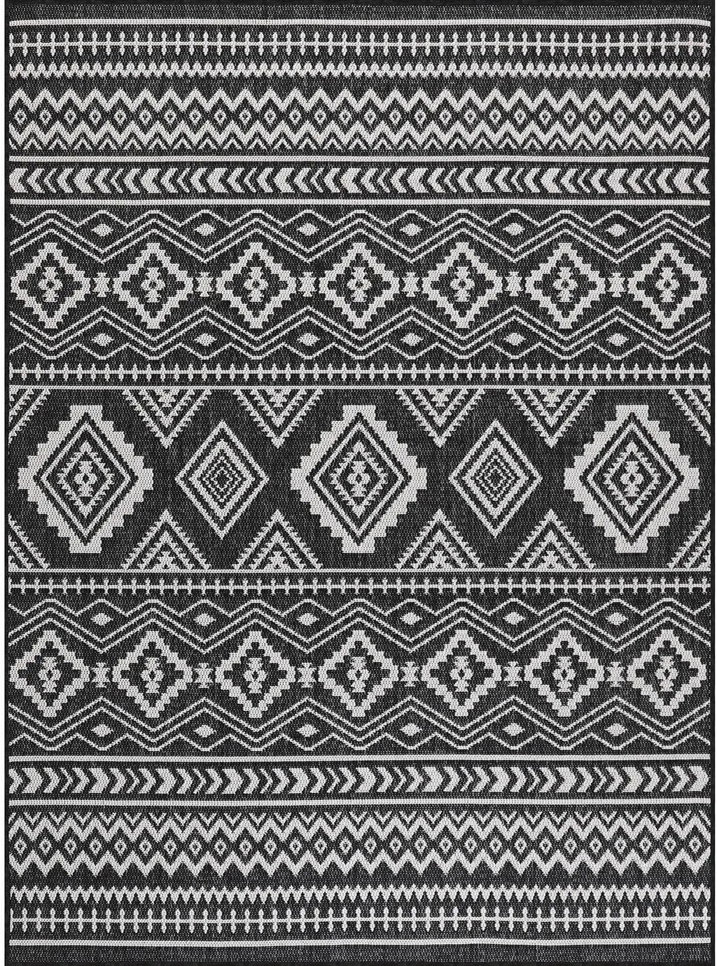 Waikiki Boho 5x7 Indoor Outdoor Washable Carpet for Patio, Deck, and Porch - Bohemian Area Rug with Aztec Tribal Design in Black and White