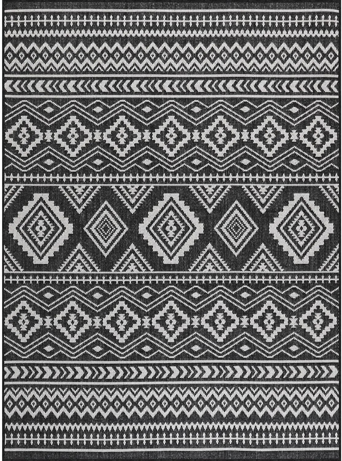 Waikiki Boho 5x7 Indoor Outdoor Washable Carpet for Patio, Deck, and Porch - Bohemian Area Rug with Aztec Tribal Design in Black and White