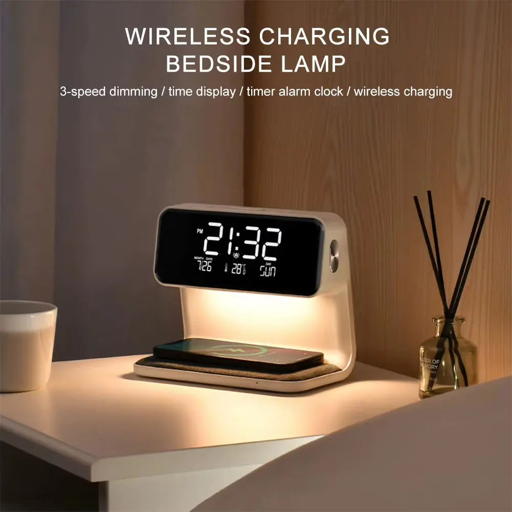 3-in-1 Touch Control Nightstand Lamp with Wireless Charger and Dimmable Digital Alarm Clock for Bedroom and Dormitory