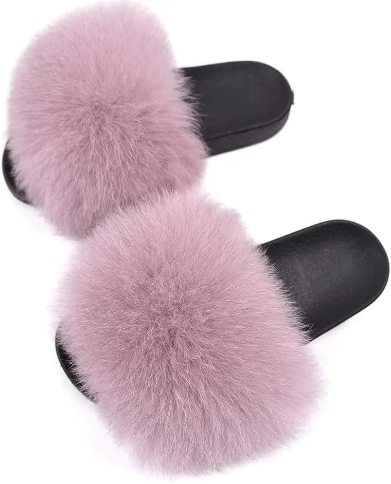 Jancoco Women's Max Real Fox Fur Slides - Luxurious Open Toe Flat Sandals for Outdoor Use