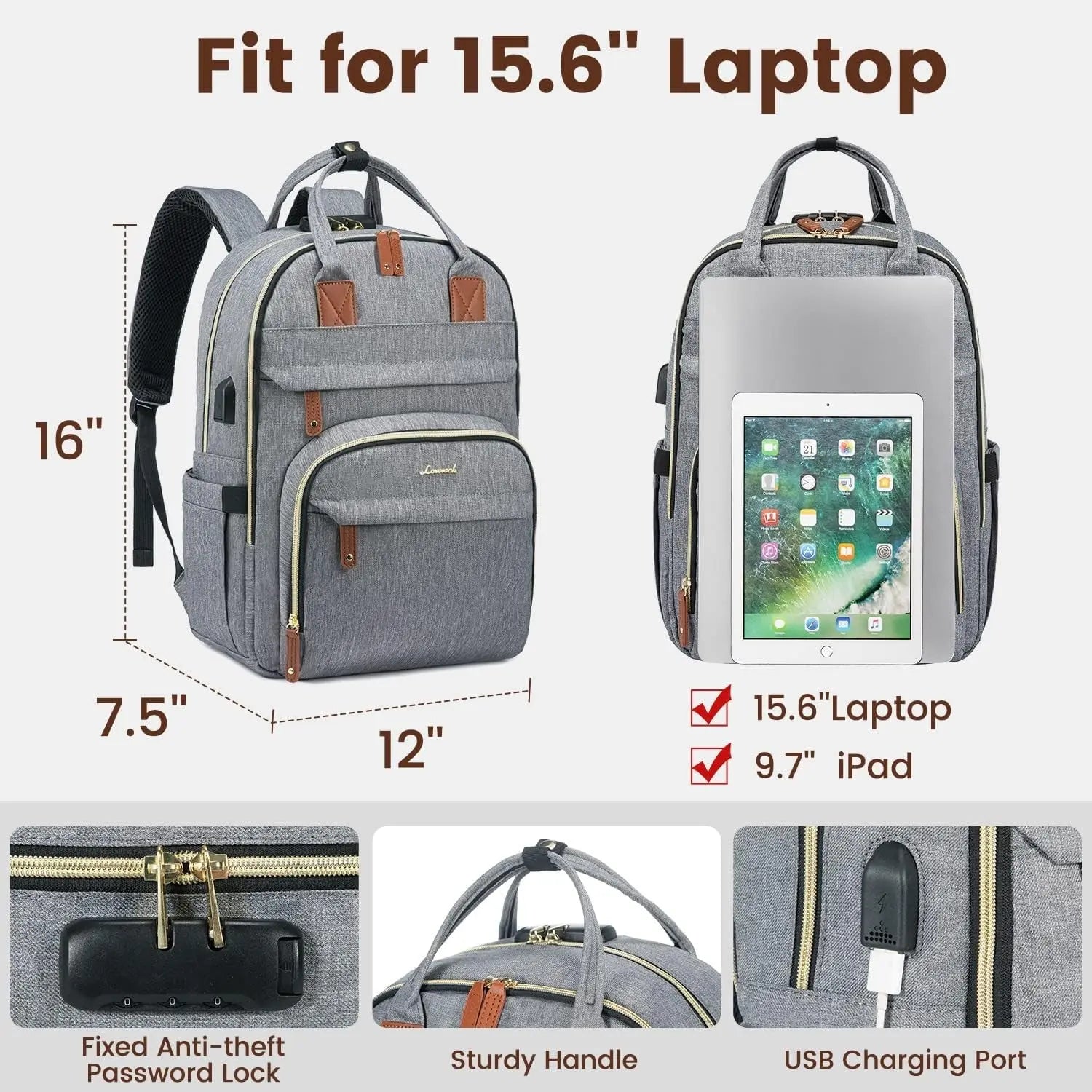 Unisex Anti-Theft Laptop Backpack for Travel and Work, Fits 15.6 Inch Laptops, Grey