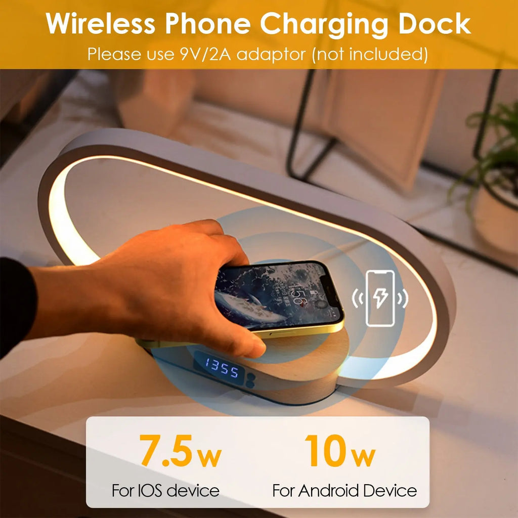 Touch Control Bedside Table Lamp with Clock and Wireless Charging - Dimmable LED Desk Lamp for Nightstand and Reading