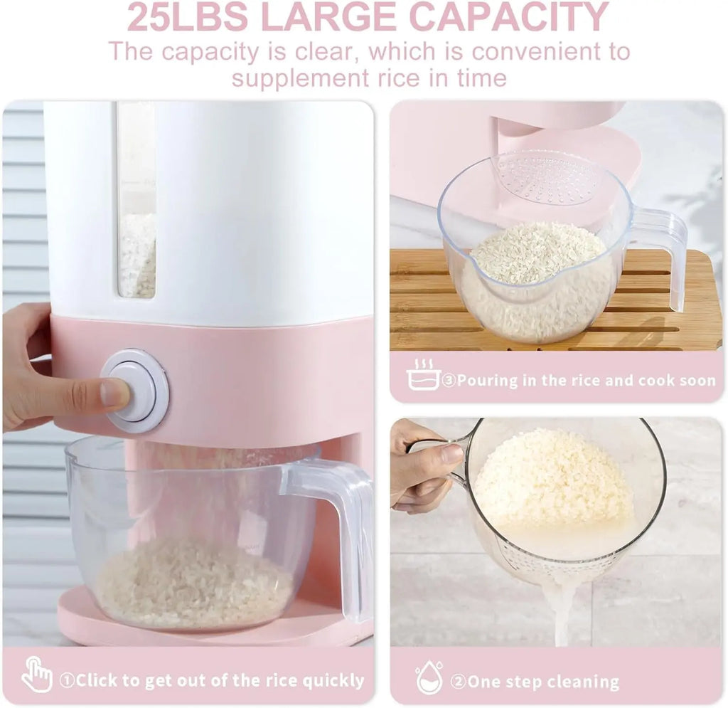 22.5-25 Lbs Pink Rice Dispenser and Storage Container with Measuring Cup for Household Kitchen Use