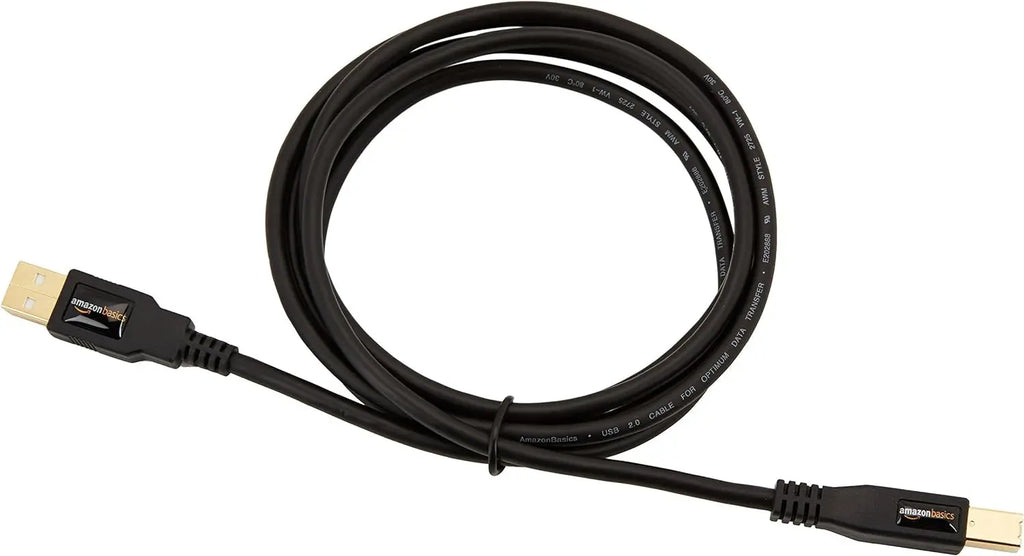 6-Foot USB-A to USB-B 2.0 Cable for Printers and External Hard Drives, Compatible with Computers, Featuring Gold-Plated Connectors, Black