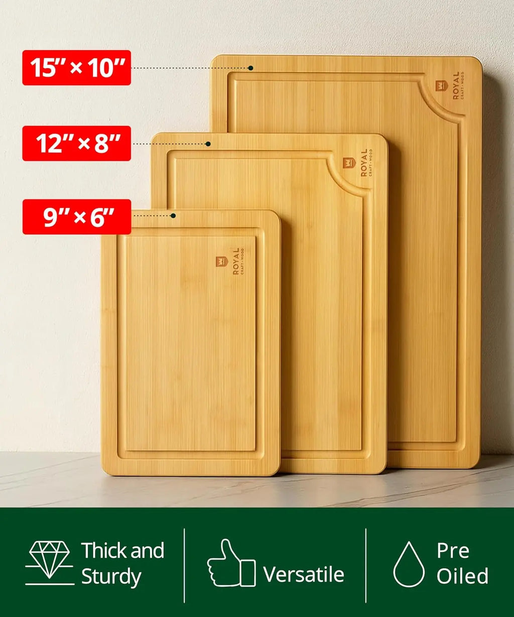 Premium Bamboo Cutting Board Set for Kitchen Preparation and Serving - Features Deep Juice Groove and Side Handles - Ideal for Charcuterie and Butchering