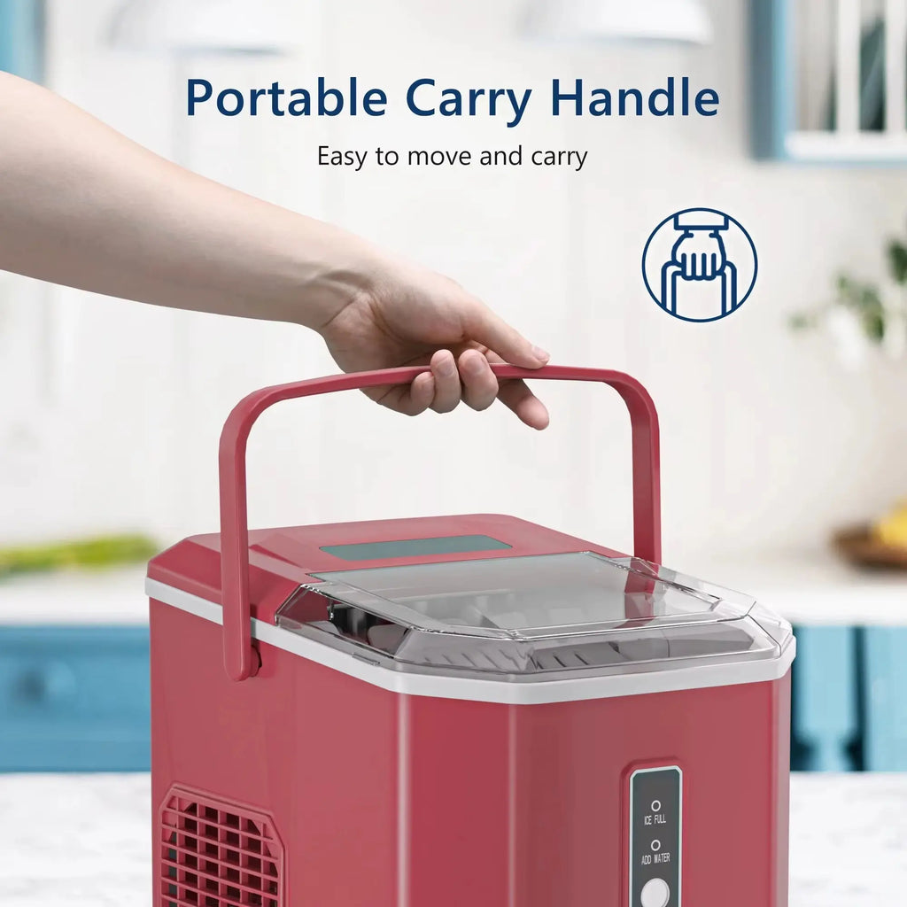 SIMZLIFE Portable Countertop Ice Maker, 26.5 lbs/24H, 9 Cubes in 6 Minutes, Self-Cleaning with Handle, Red