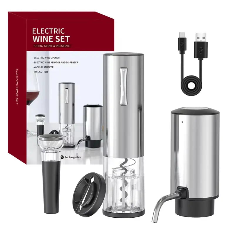 USB Rechargeable Electric Wine Opener Set with Decanter and Aerator - Stainless Steel Wine Accessory for Enthusiasts