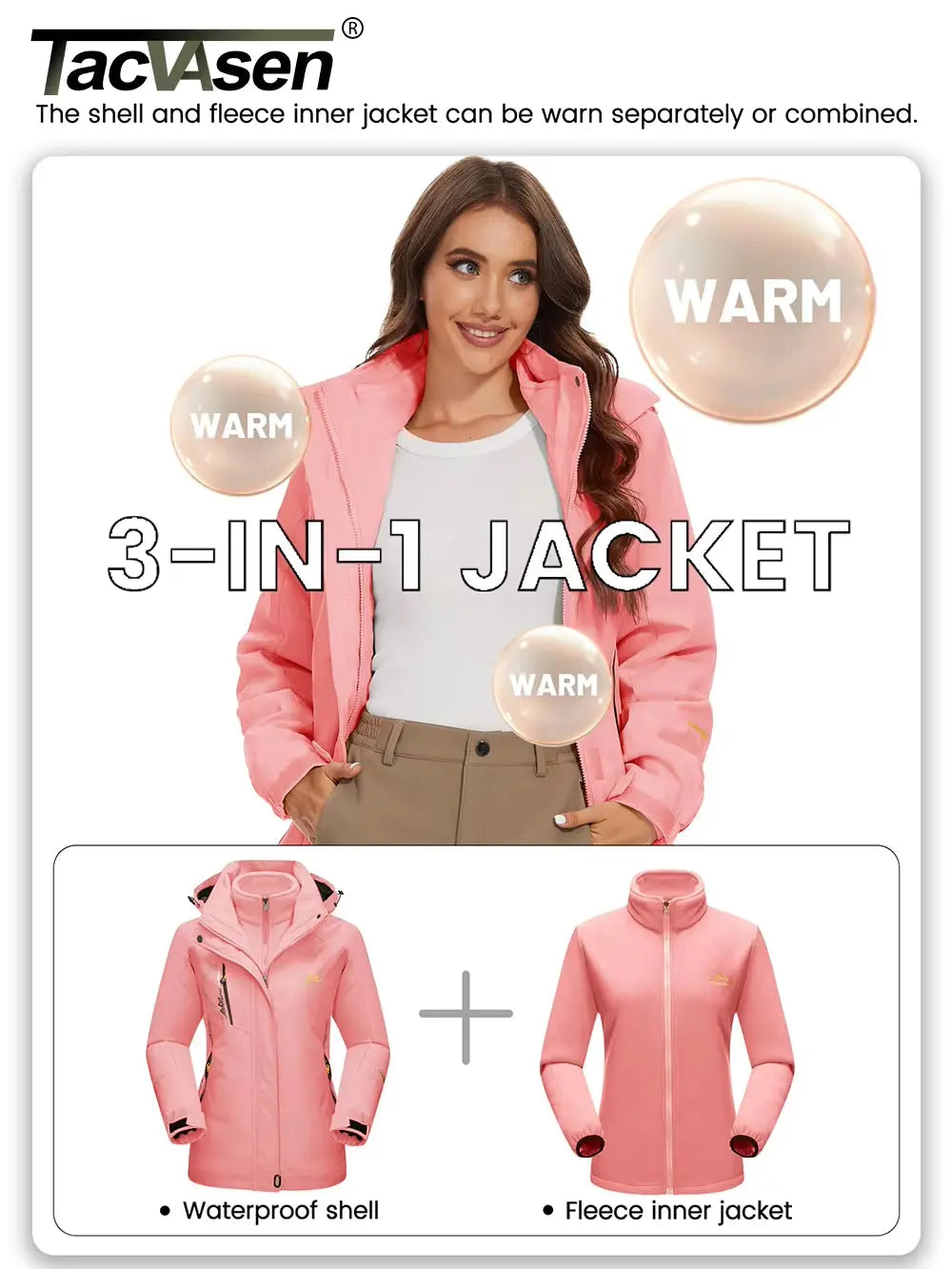 Women's 3-in-1 Winter Fleece Jacket - Waterproof Ski and Snowboard Coat, Outdoor Rain and Windbreaker Parka