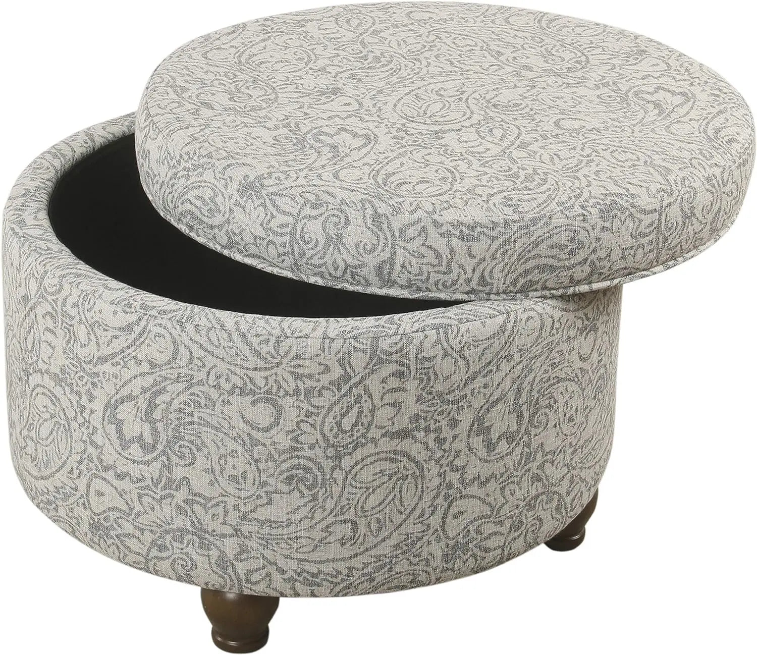 Upholstered Round Storage Ottoman for Living Room and Bedroom in Gray Floral Design