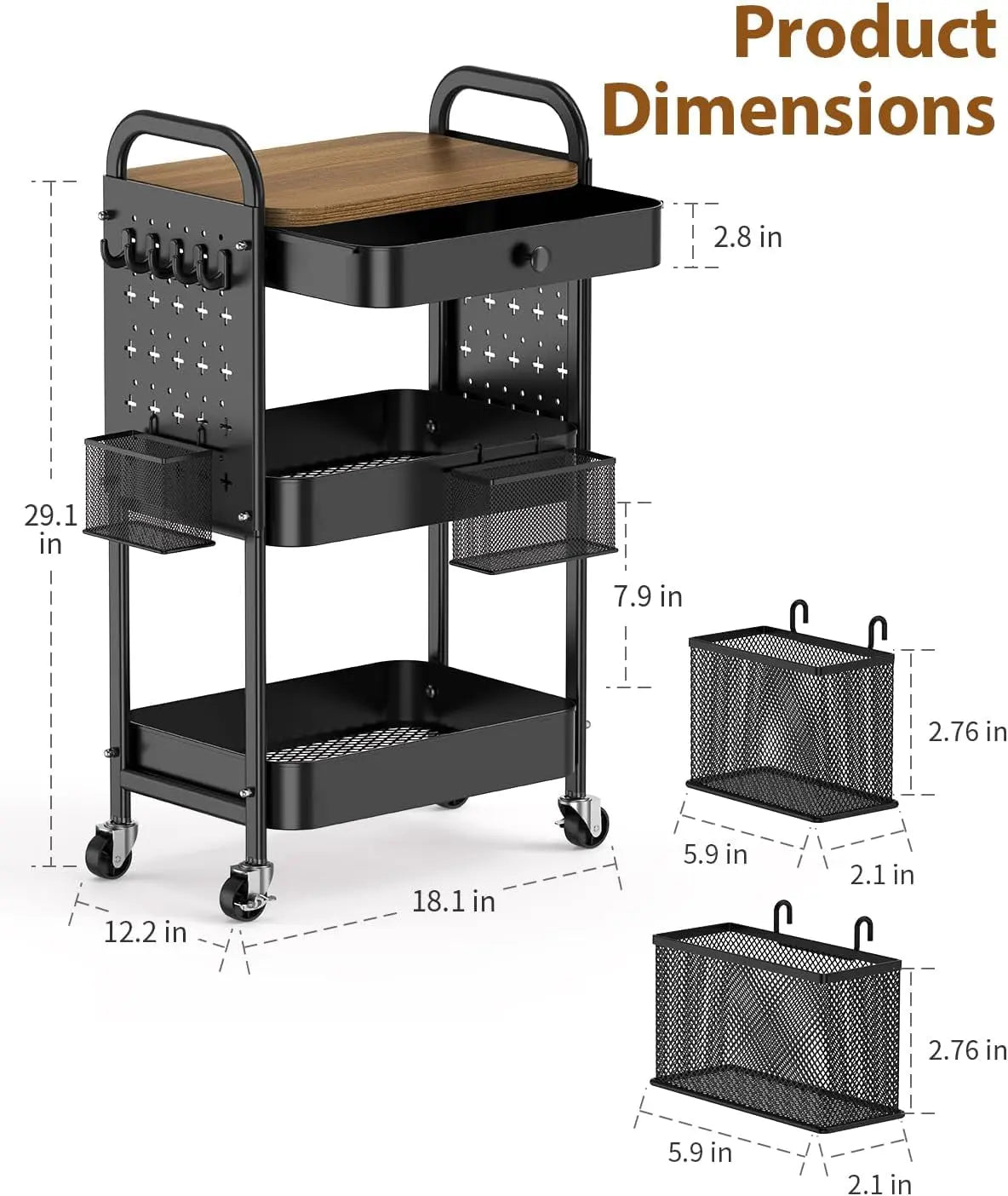 3-Tier Metal Rolling Utility Cart with Drawer and Wooden Tabletop, Features DIY Pegboards, Hanging Baskets, and Hooks for Versatile Use in Bedroom, Office, and Craft Supplies (Black)
