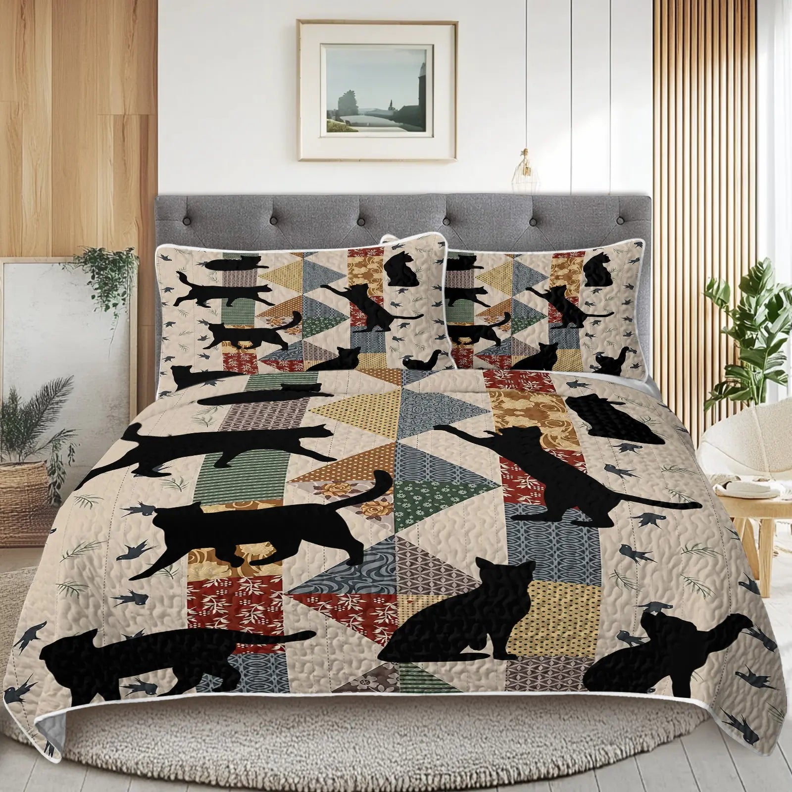 Black Cat Multi-Posture Pattern Blanket Set - 3 Pieces All-Season Bedding with 2 Pillowcases for Children, Teenagers, and Adults, Ideal for Bedrooms