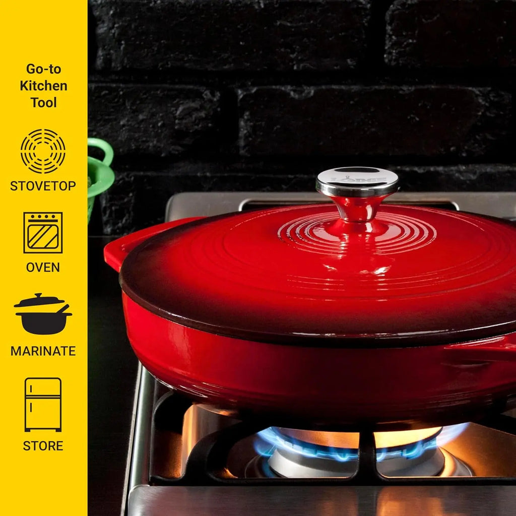 3.6 Quart Enameled Cast Iron Oval Casserole with Lid and Dual Handles – Oven Safe to 500°F – Versatile for Marinating, Cooking, Baking, Refrigerating, and Serving – Island Spice Red