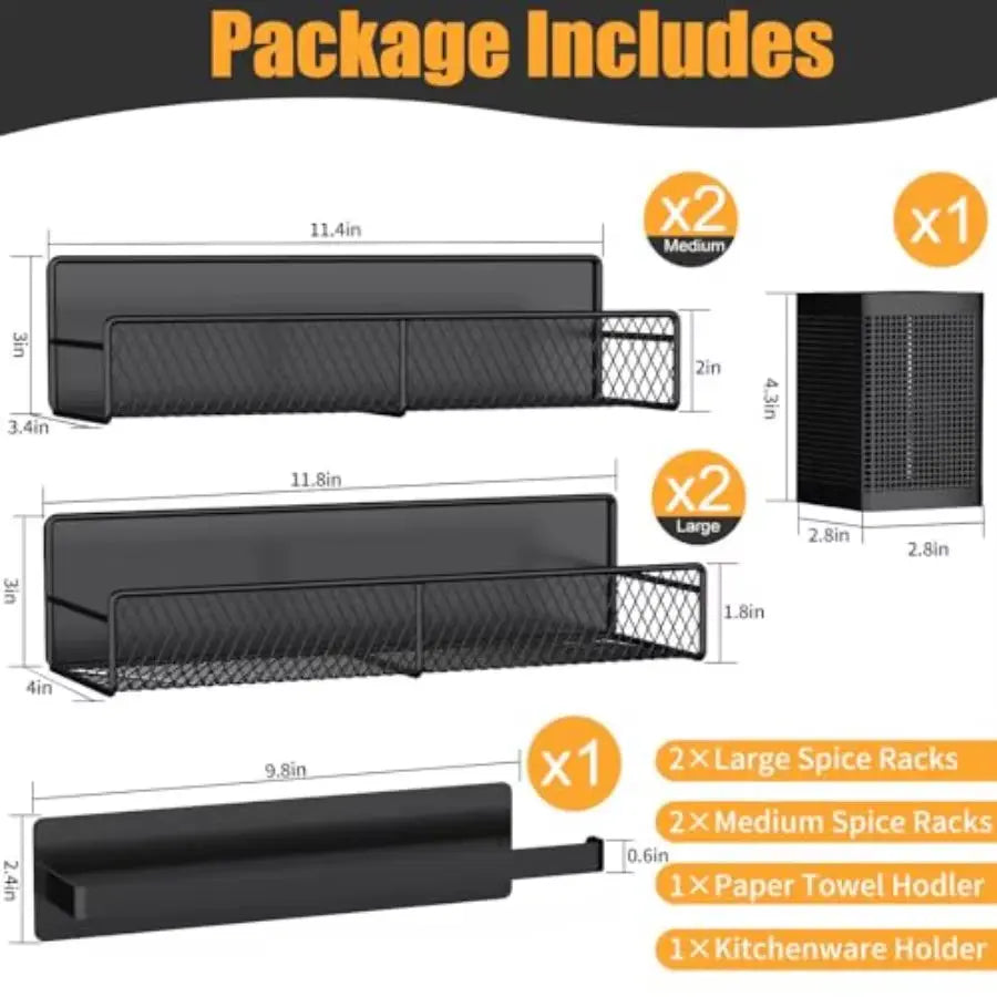 Magnetic Spice Rack Set - 6 Pack, Strong Metal Magnets, Space-Saving Shelf Organizer for Home Kitchen and Laundry, Black