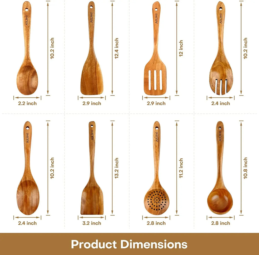 Teak Wood Cooking Utensil Set - 8-Piece Nonstick, Scratch-Resistant Kitchen Spoons