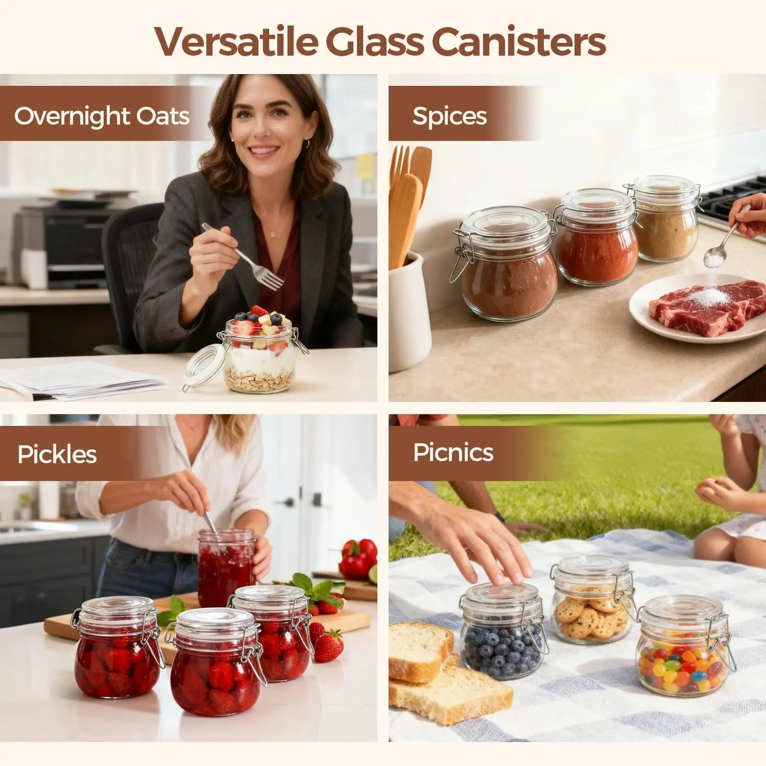 17Oz Airtight Glass Jars with Lids - Set of 6 Food Storage Containers with Clear Preserving Seal and Wire Clip Fastening for Kitchen Canning and Pickling