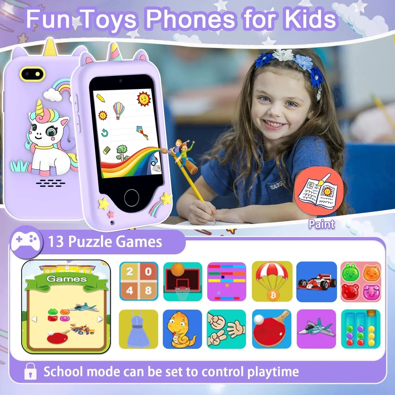 Girls' Smart Phone with Unicorn Design - Dual Camera, Music, Games, and Stories - Touchscreen Learning Toy for Ages 6-8 - Ideal Christmas and Birthday Gift for 3-7 Year Olds with 8GB SD Card