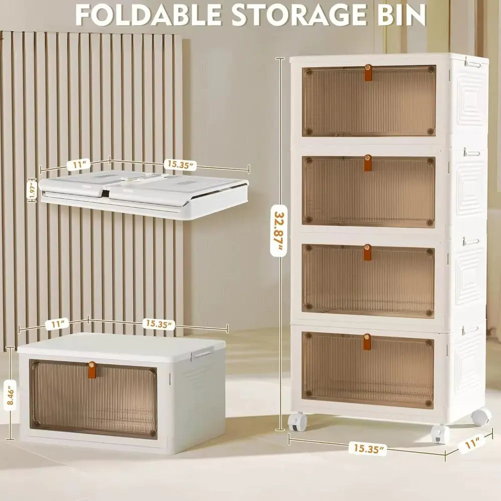 4-Tier Stackable Plastic Storage Bins with Lids, 23QT Capacity, Collapsible Design with Wheels
