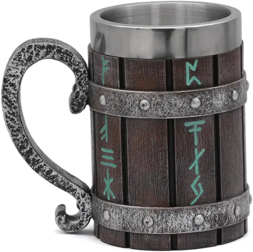 Norse-Inspired Stainless Steel and Wooden Viking Coffee Mug - Ideal Gift for Men, Beer Stein