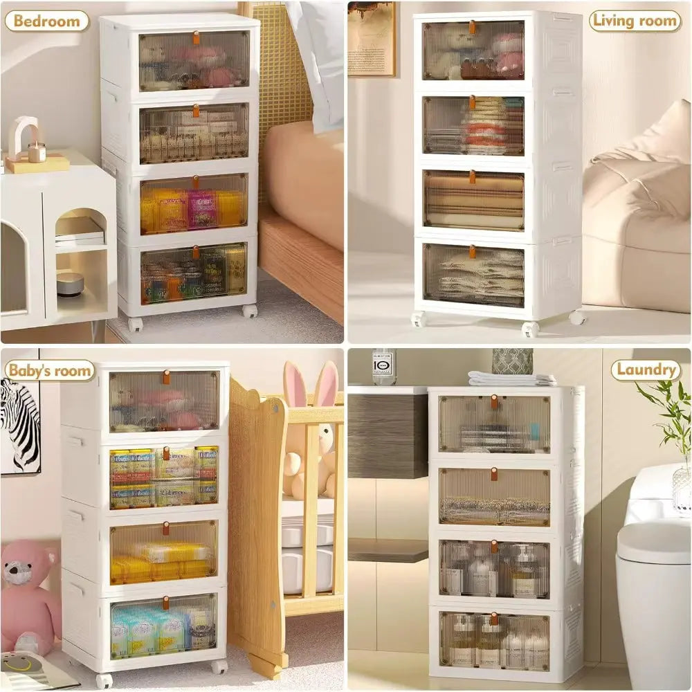 4-Tier Stackable Plastic Storage Bins with Lids, 23QT Capacity, Collapsible Design with Wheels