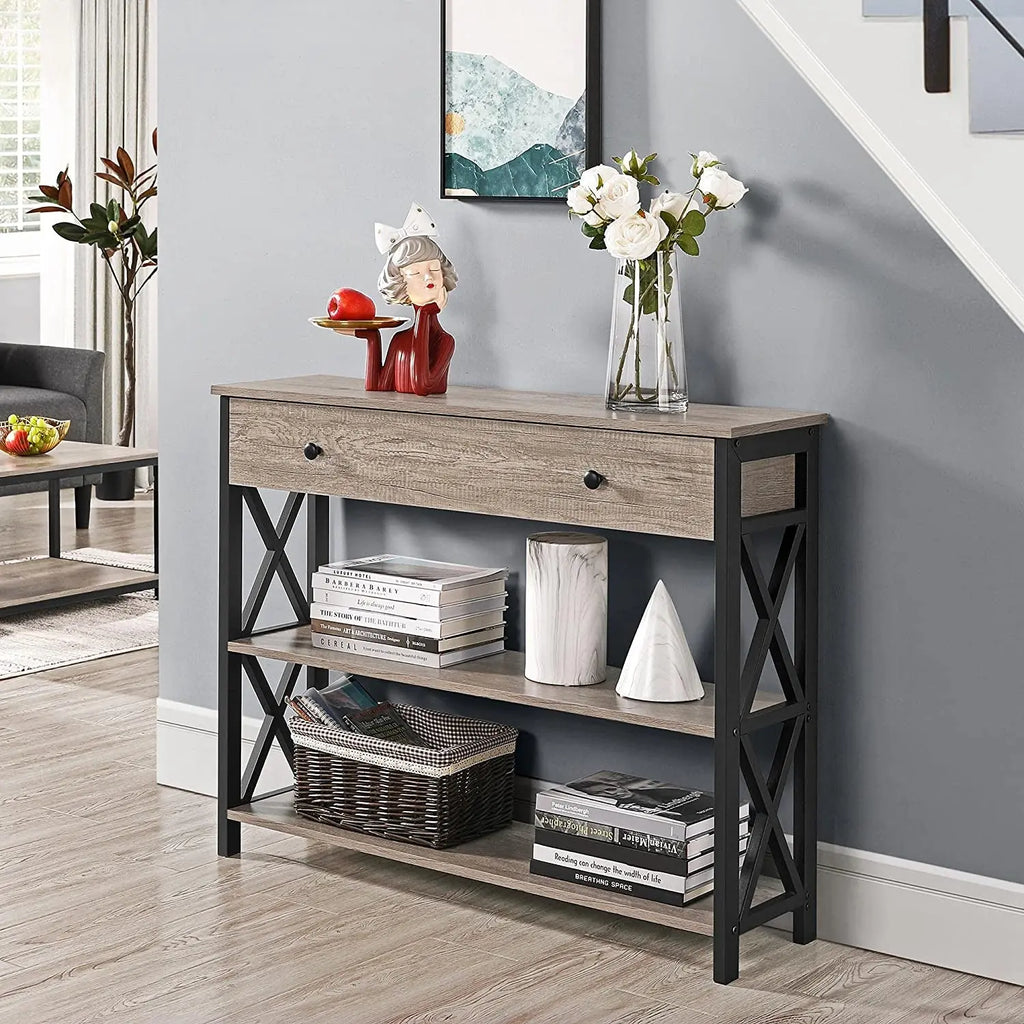 Gray Console Table with Drawer and 3-Tier Storage Shelves, Narrow Metal Frame Entryway Table for Living Room, Hallway, and Kitchen