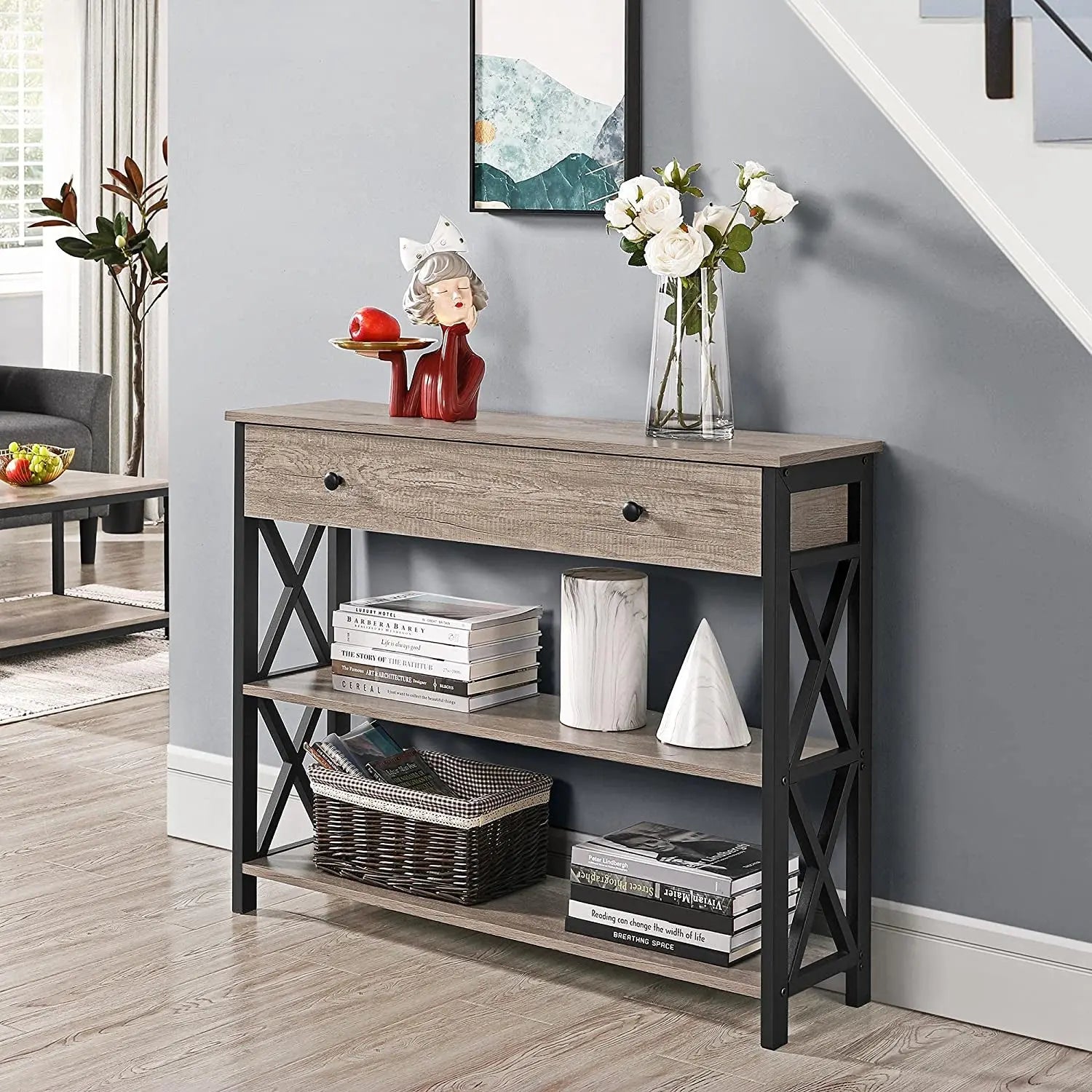 Gray Console Table with Drawer and 3-Tier Storage Shelves, Narrow Metal Frame Entryway Table for Living Room, Hallway, and Kitchen