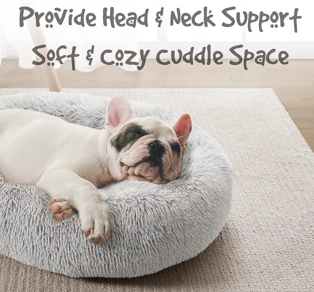 Large Dog Bed - Faux Fur Fluffy Calming Sofa, Soft & Plush Anti-Anxiety Pet Couch, Machine Washable with Non-Slip Bottom, 36"x36"x8", Ivory