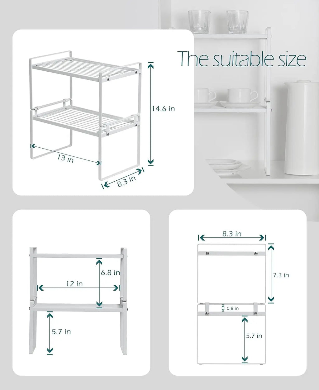 2-Pack Stackable Steel Frame Kitchen Cabinet and Counter Organizer Rack for Pantry, Bathroom, Bedroom, and Office - Rust Resistant and Non-Slip Design in White