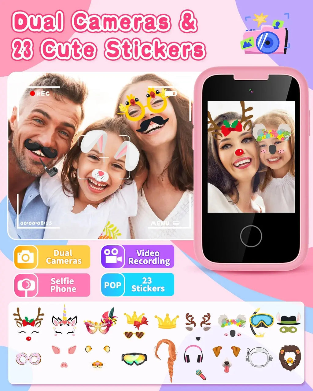 Kids Smart Phone for Girls - Touchscreen Device with Dual Camera, Music, Games, and Learning Features - Ideal Gift for Ages 6-8, Includes 8G SD Card, Perfect for Christmas and Birthdays